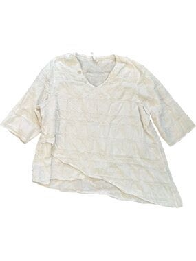 Lulu-B Top White 3/4 Sleeve Embroidered Lagenlook Asymmetrical 100% Cotton XL